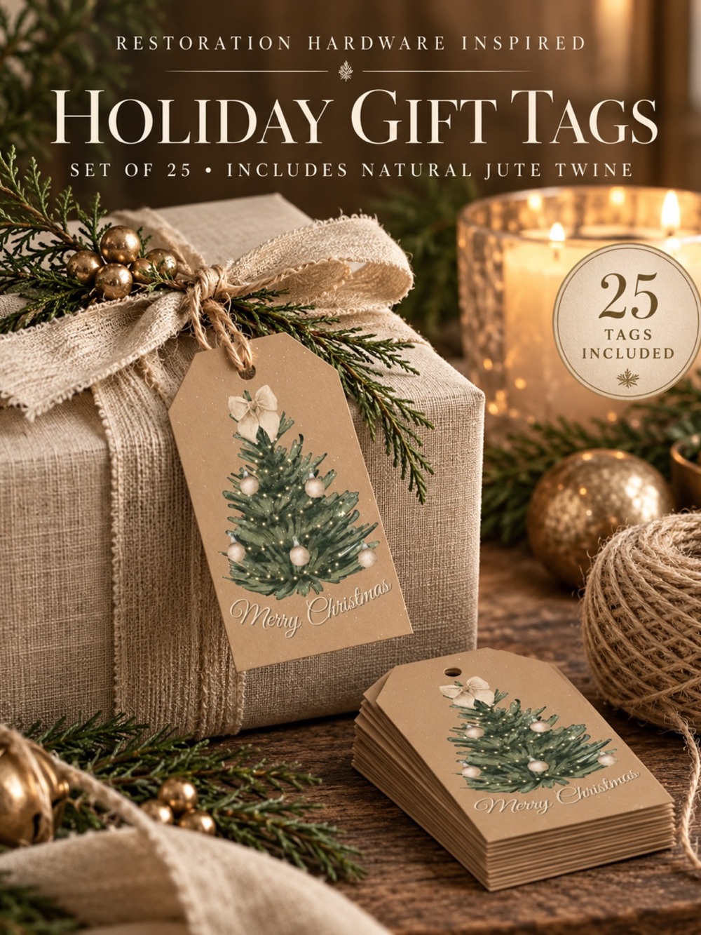 Restoration Hardware 25 Rustic Holiday Gift Tags with Natural Jute Twine Holiday